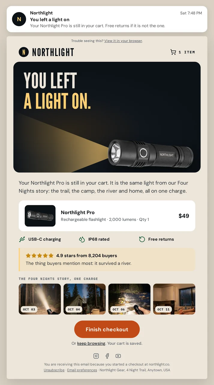 Northlight abandoned cart email creative