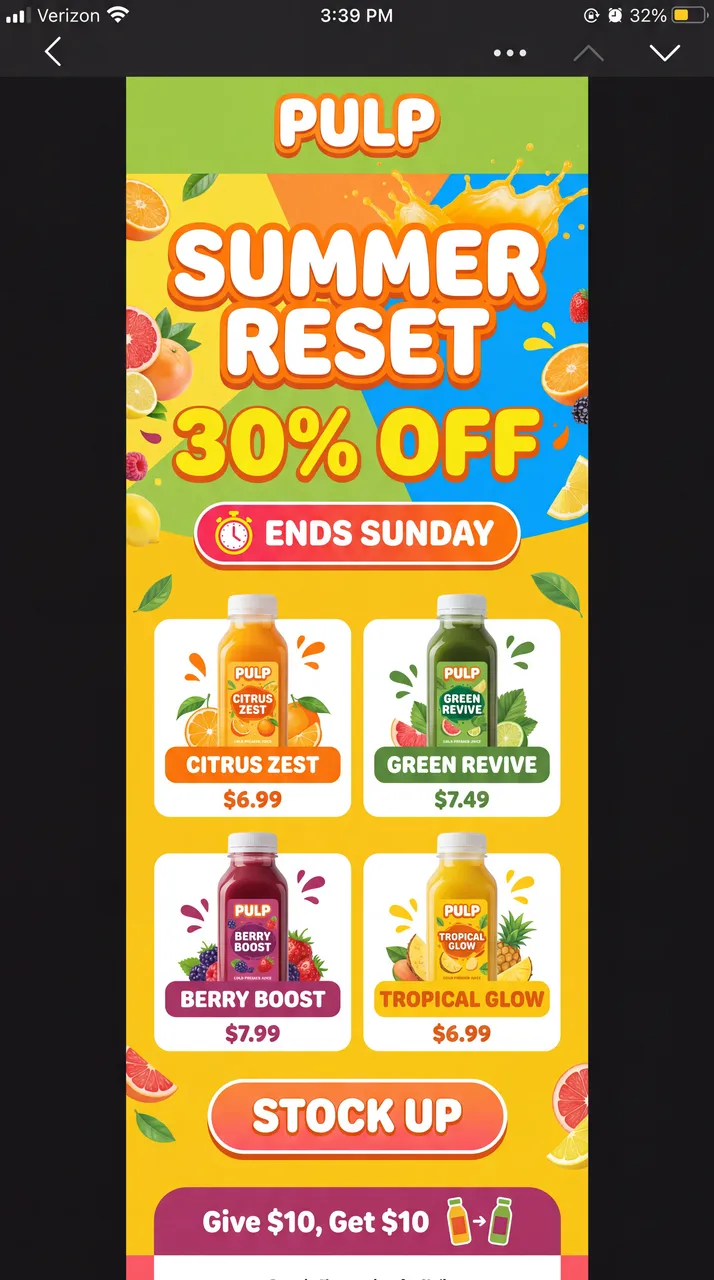 PULP cold-pressed juice sale email creative