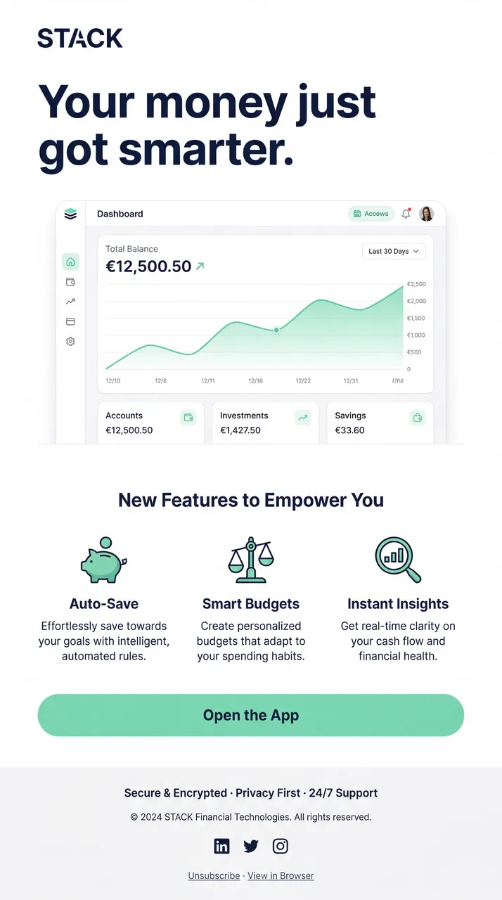 Stack fintech feature announcement email