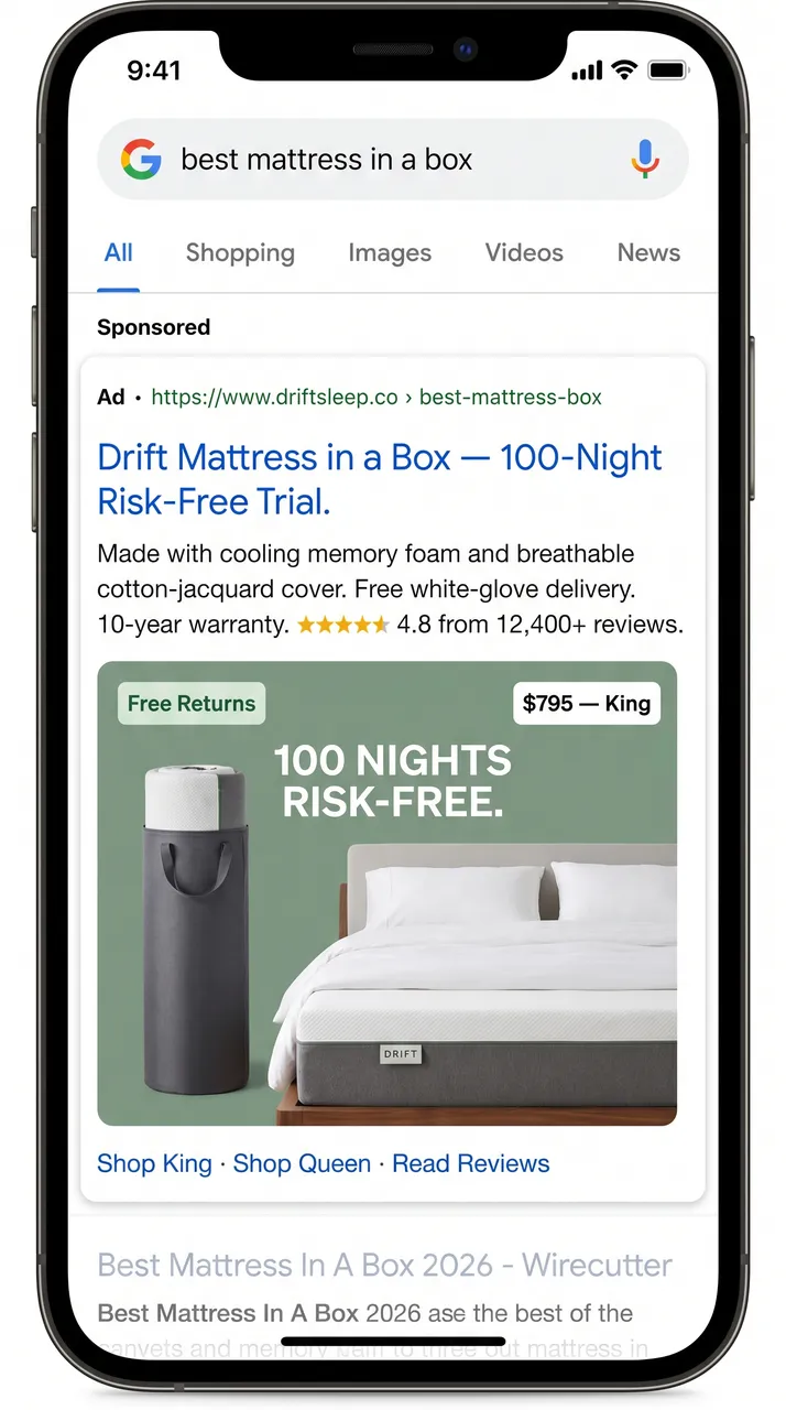 Drift mattress Google Search ad