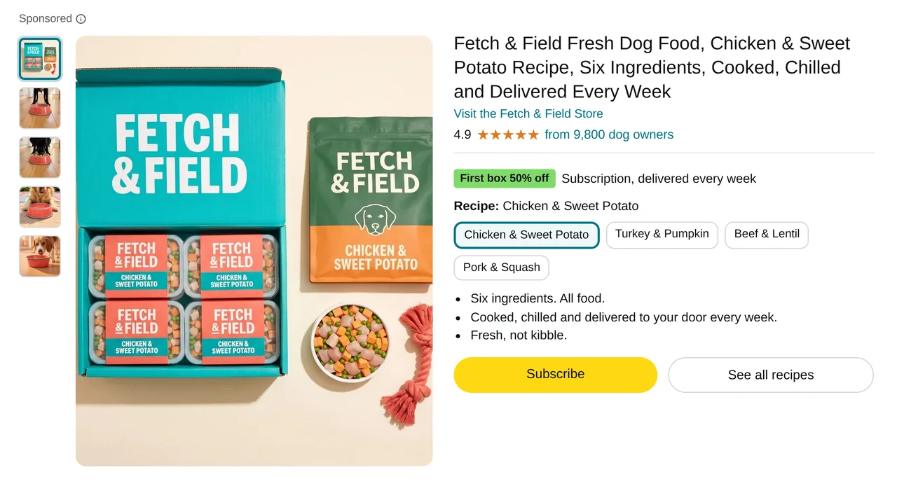 Fetch & Field fresh dog food Amazon ad