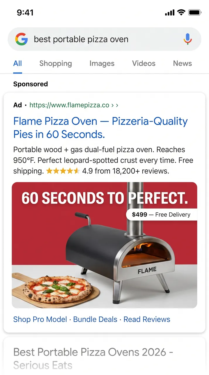 Flame pizza oven Google Search ad