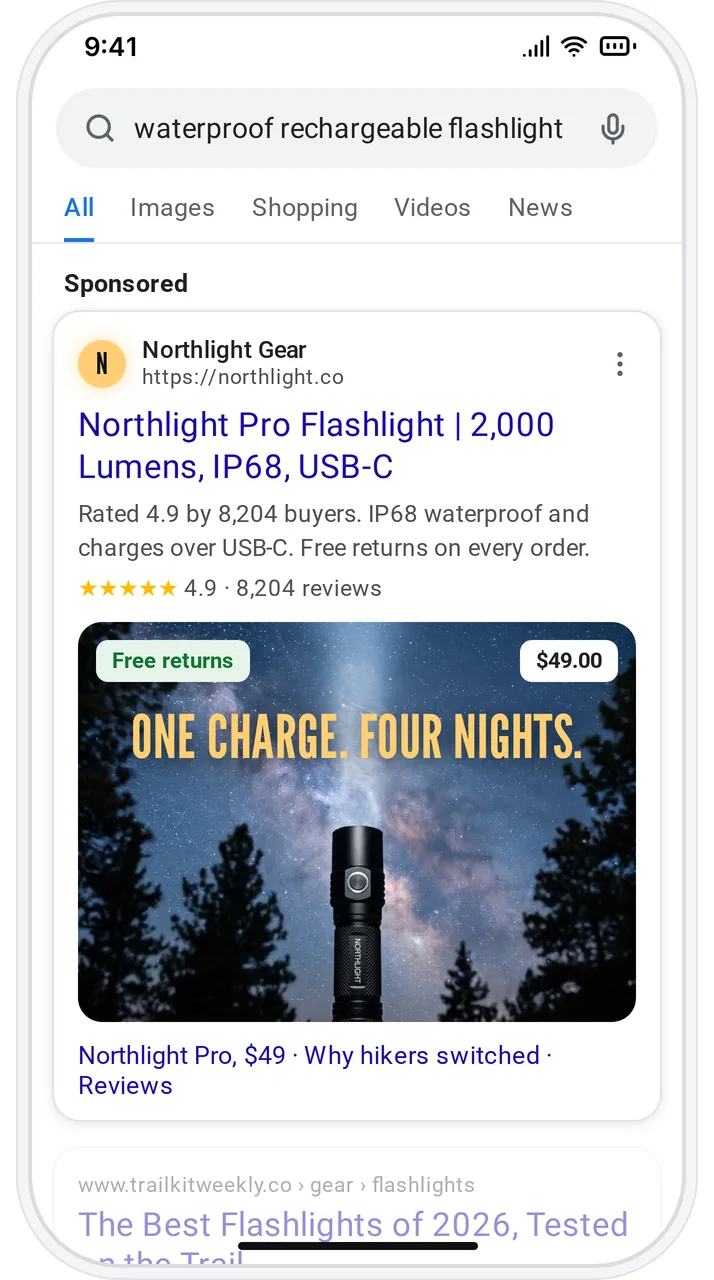 Northlight Pro flashlight Google Search ad
