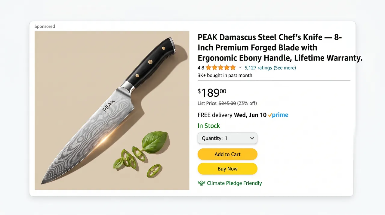 Peak chef's knife Amazon ad