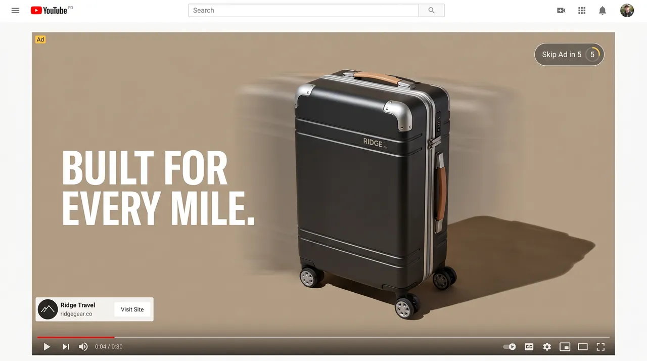 Ridge luggage YouTube ad