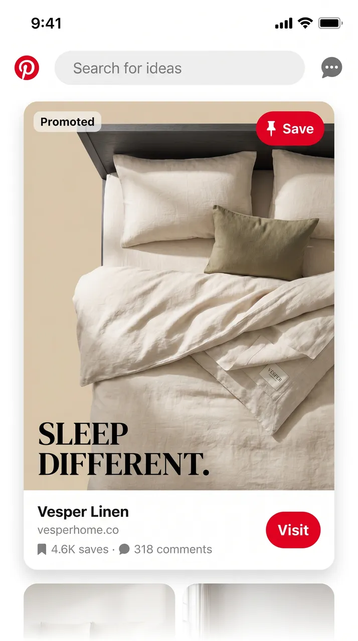 Vesper linen bedding Pinterest ad