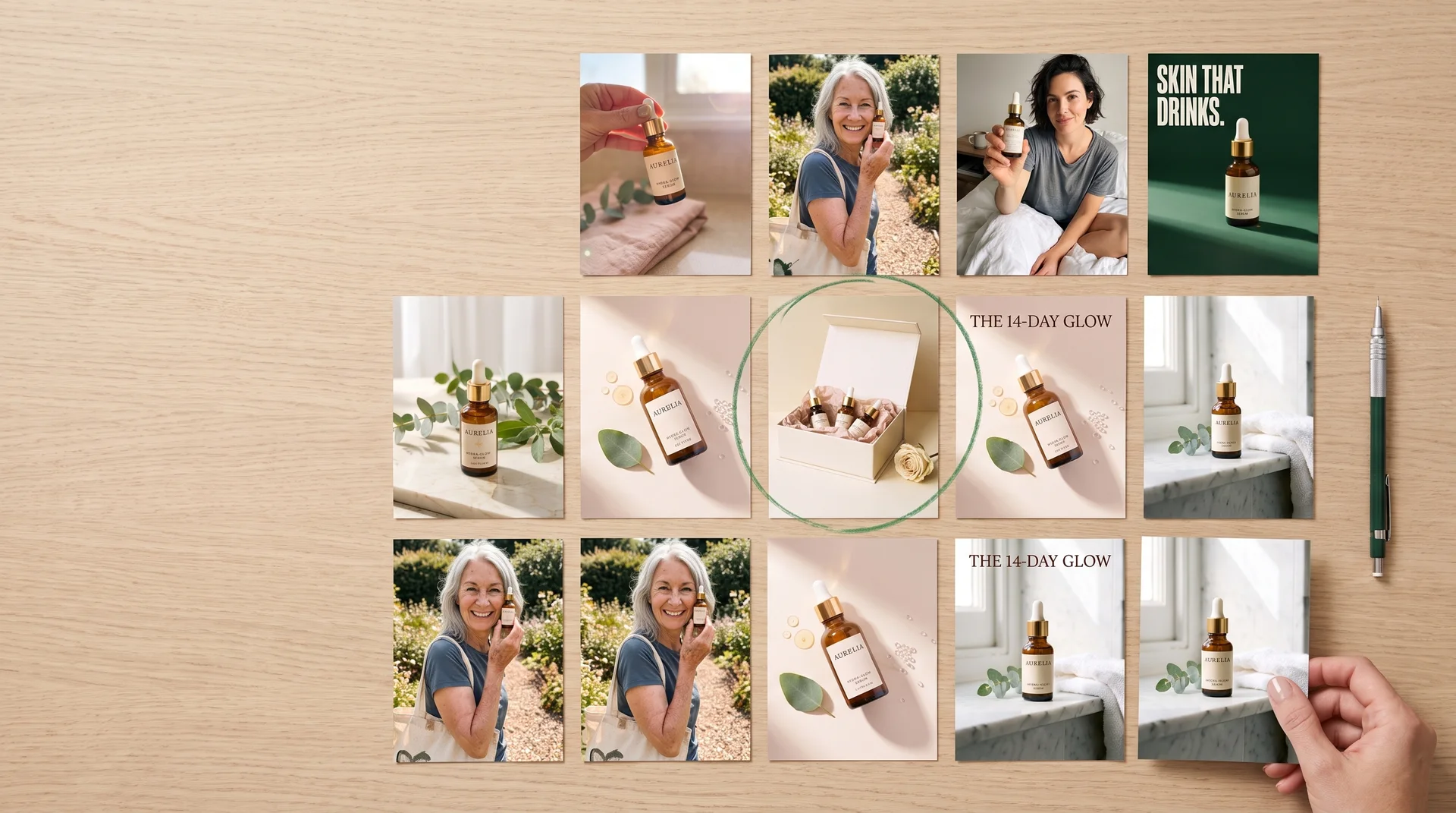 Printed ad variations laid out on a desk, one circled in green