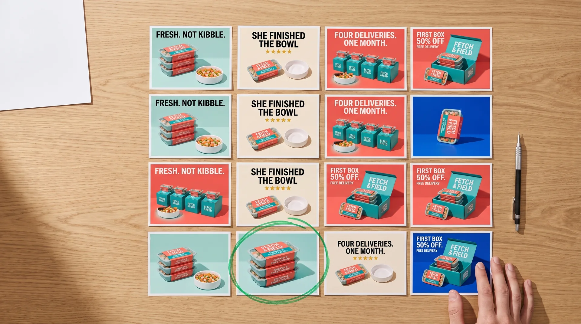 Printed ad variations laid out on a desk, one circled in green