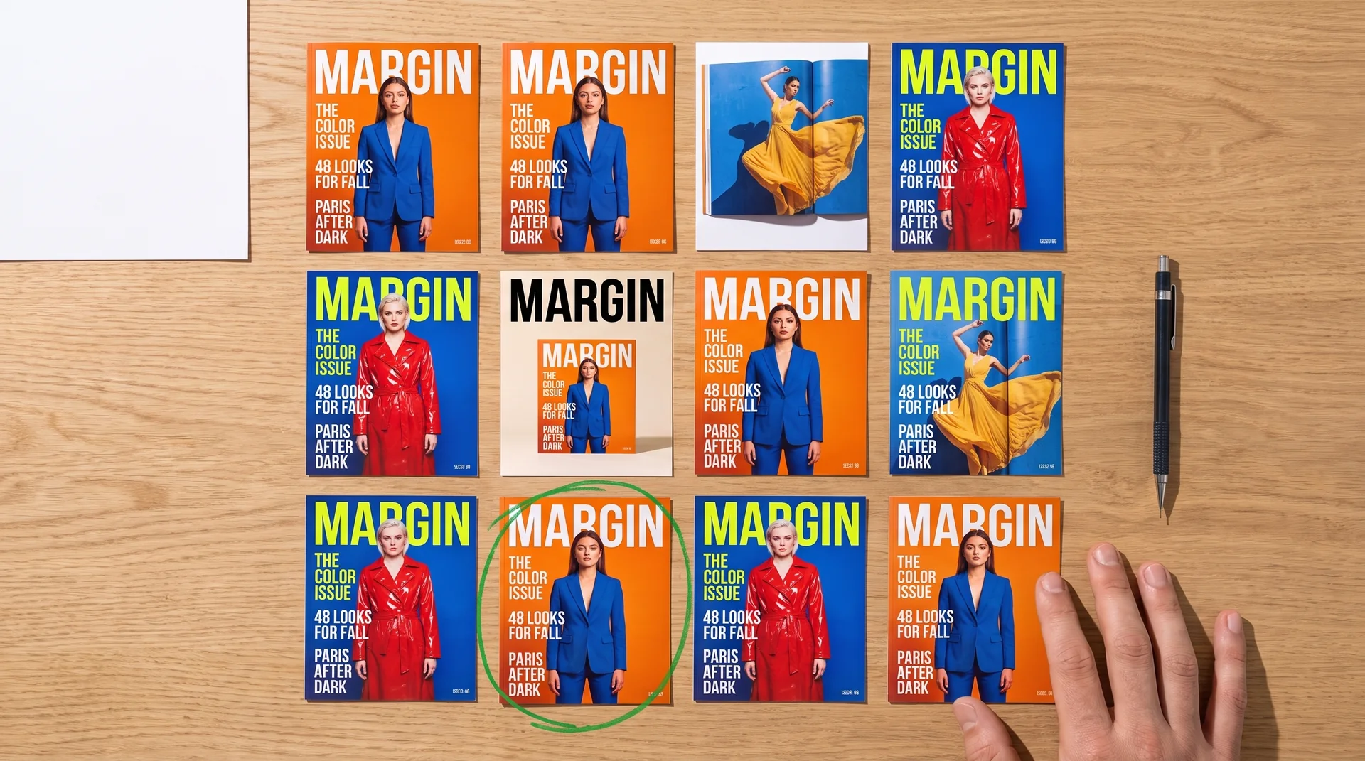 Printed ad variations laid out on a desk, one circled in green