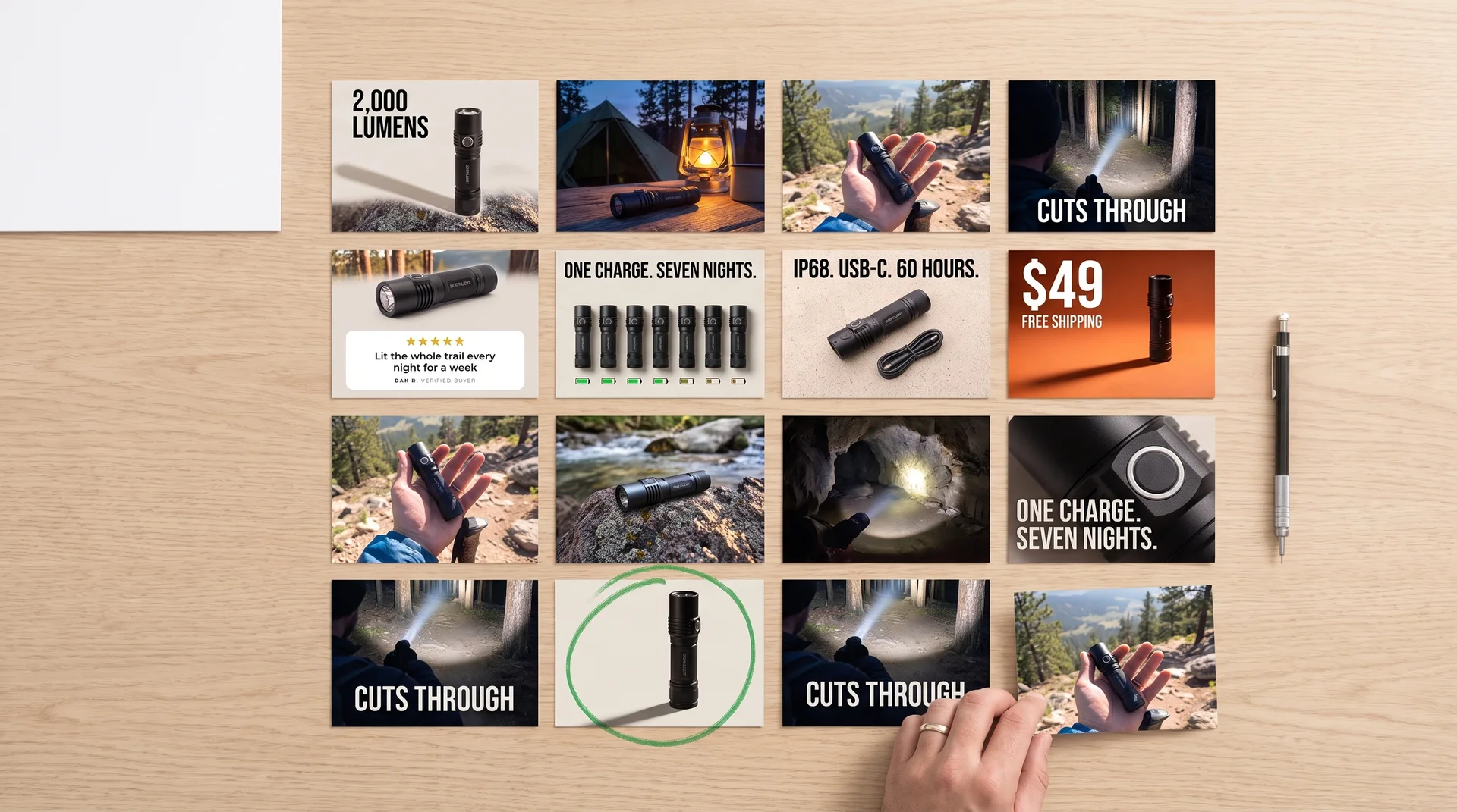 Printed ad variations laid out on a desk, one circled in green