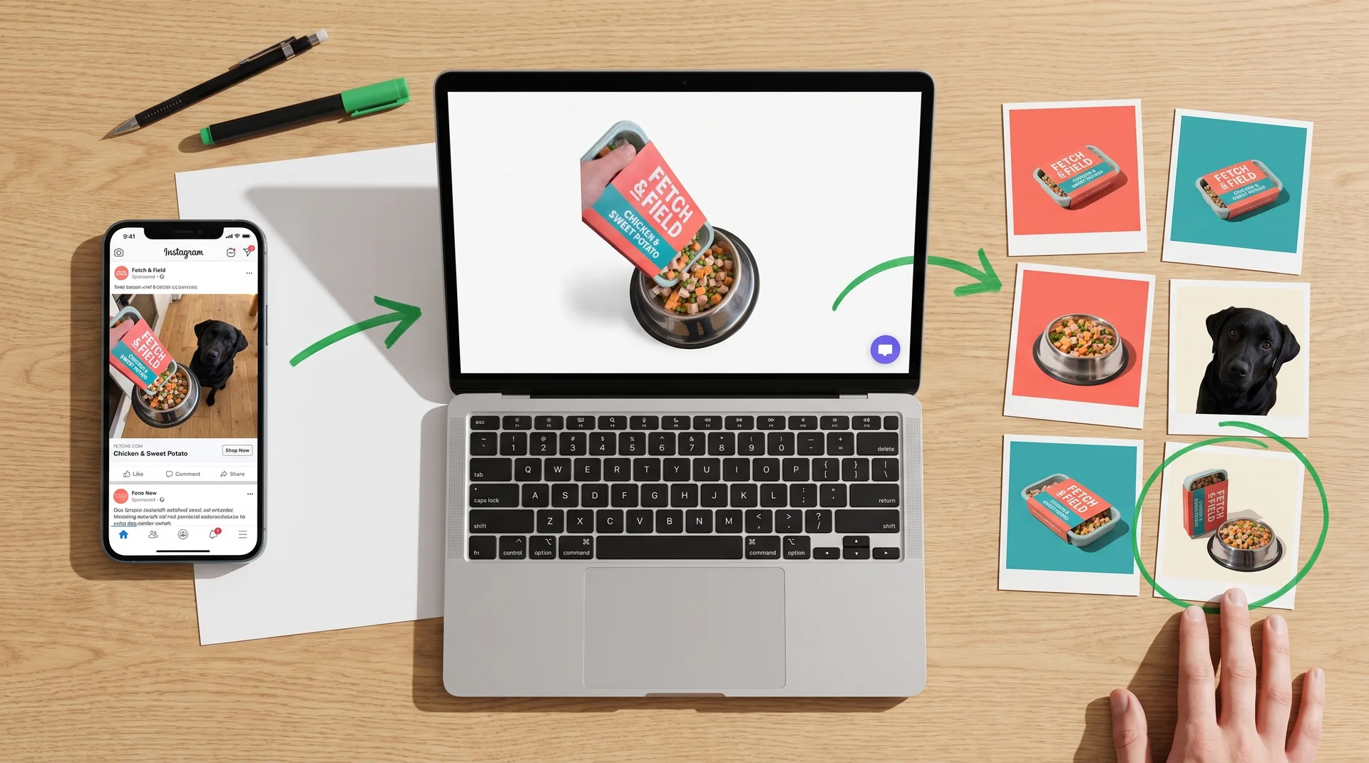 A phone showing the ad, a laptop showing the landing page, and printed ads on a desk, joined by a green loop